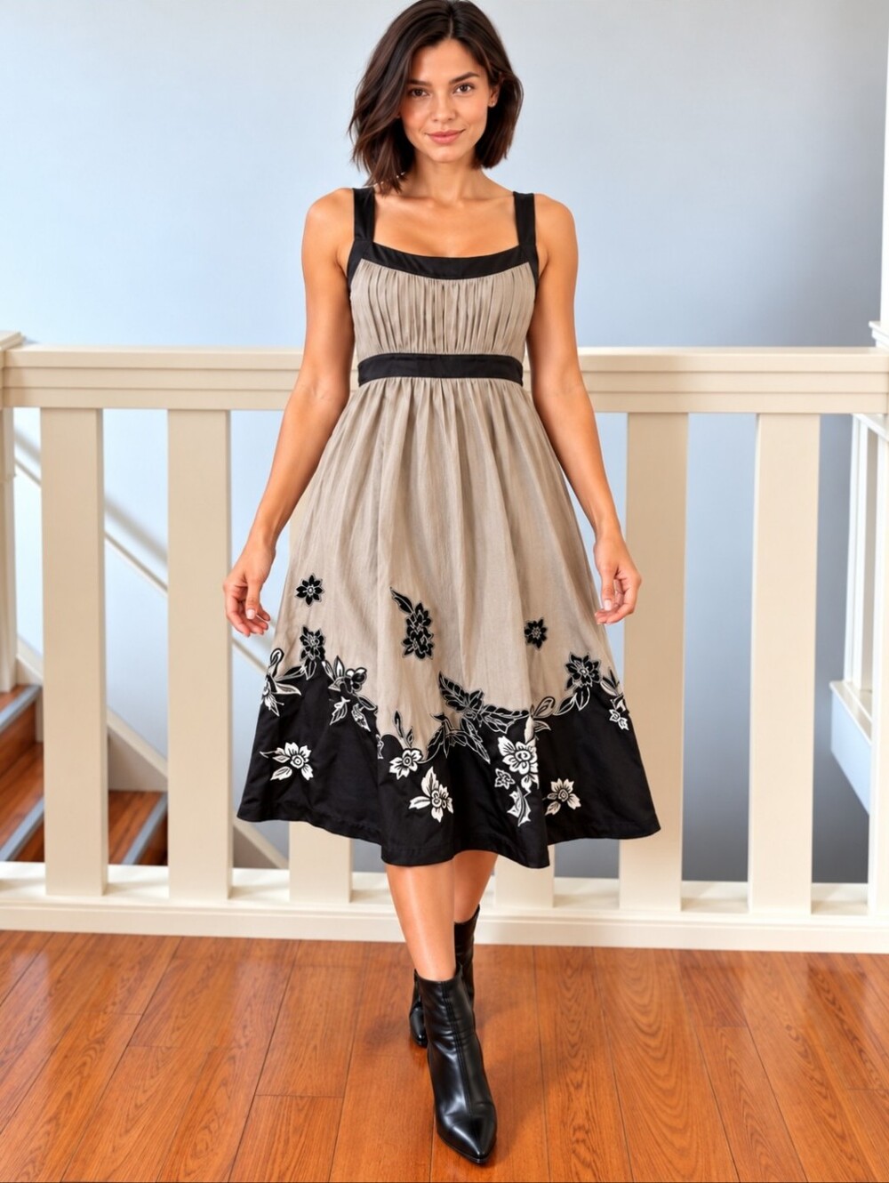 BCBGMAXAZRIA 100% Silk Taupe Embroidered Floral Fit & Flare Midi Dress